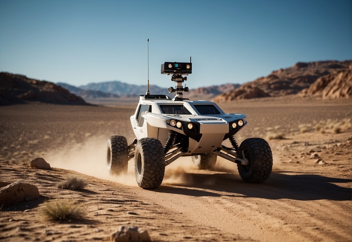A rover navigates through a simulated desert environment, with rocky terrain and a clear blue sky. In the distance, other rovers can be seen exploring the landscape