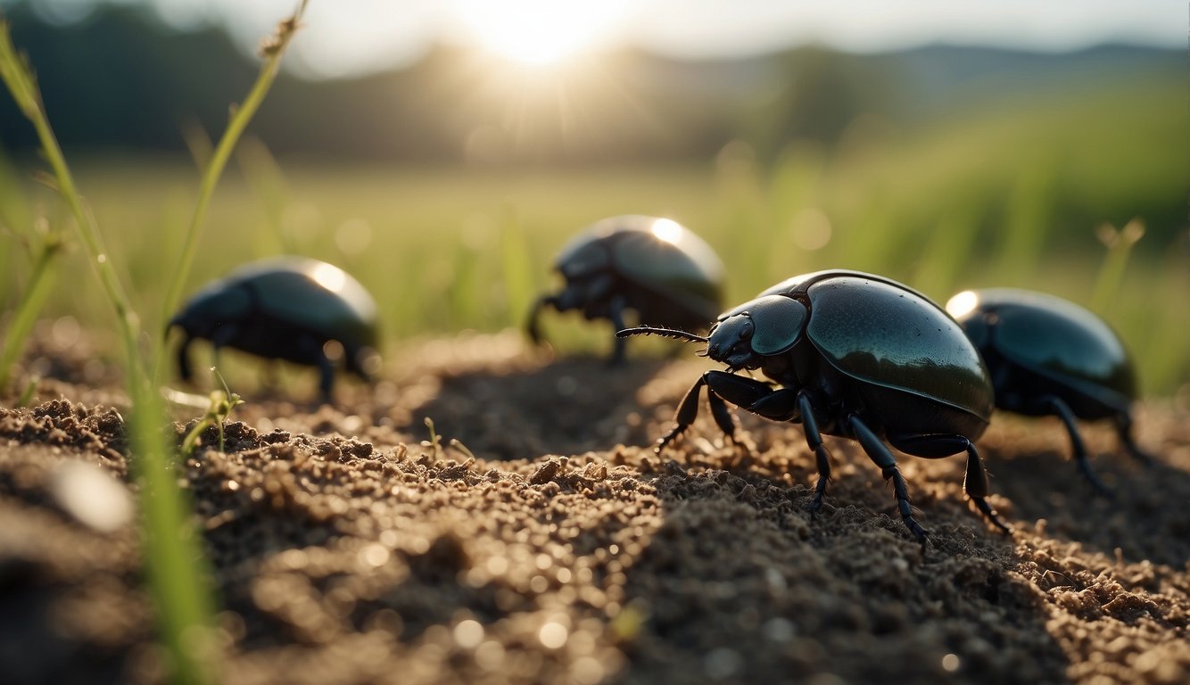 Dung beetles roll and bury animal waste in a grassy savanna, under the bright African sun