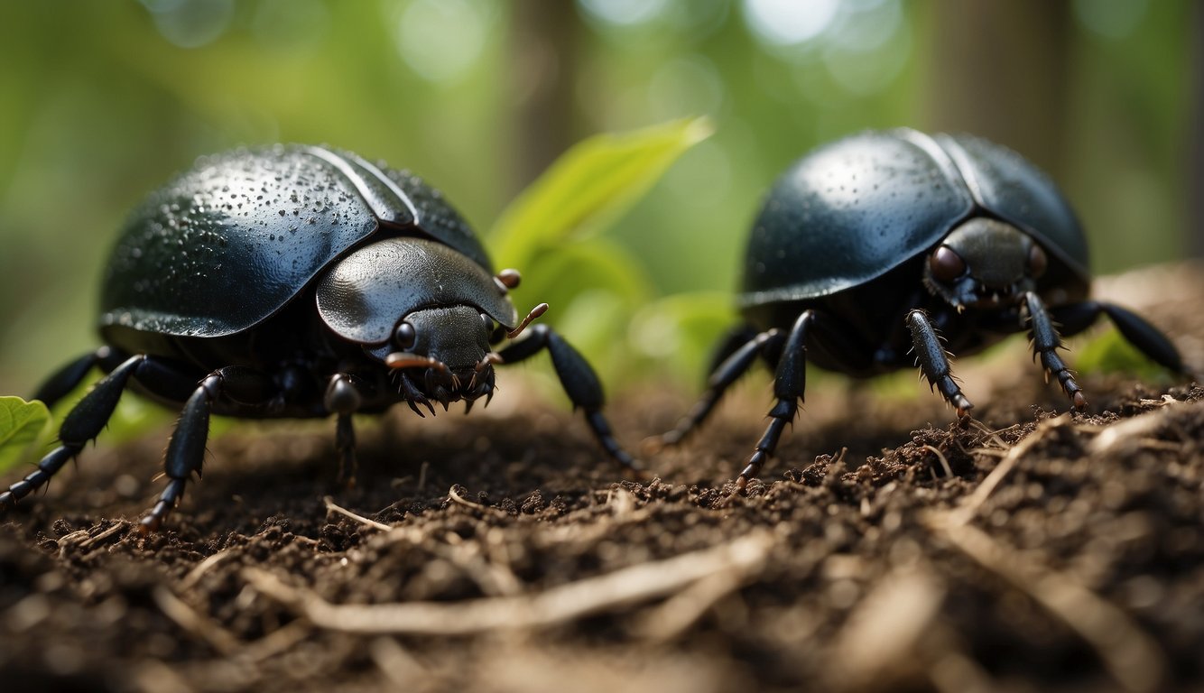 Dung beetles roll and bury animal waste in a lush, green forest.

They work tirelessly, cleaning up the environment and recycling nutrients back into the soil