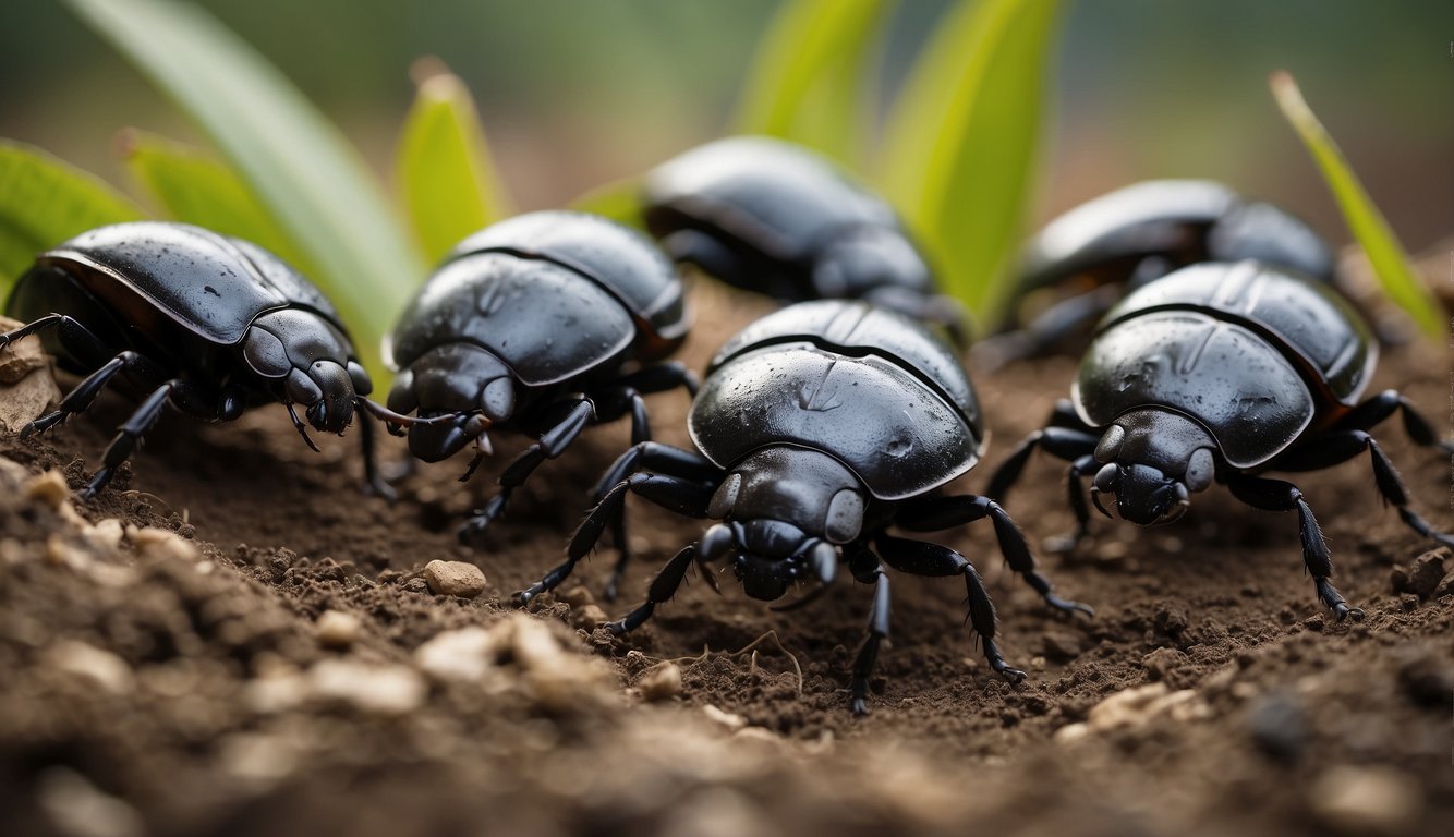 A group of dung beetles diligently rolling and burying animal waste, contributing to a healthy ecosystem