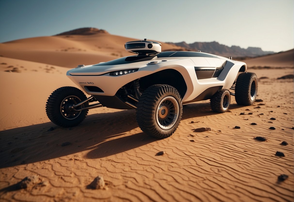 A rover navigates through a desert landscape, encountering obstacles and opportunities for autonomous decision-making. The rover's AI companions are depicted as advanced and capable of operating in space