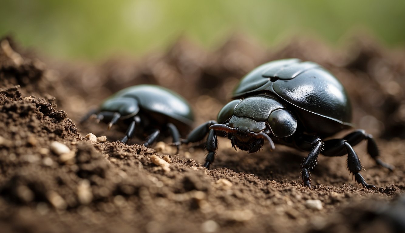 Dung beetles rolling and burying animal waste in various sizes and shapes, with a diverse range of species working together in a natural environment
