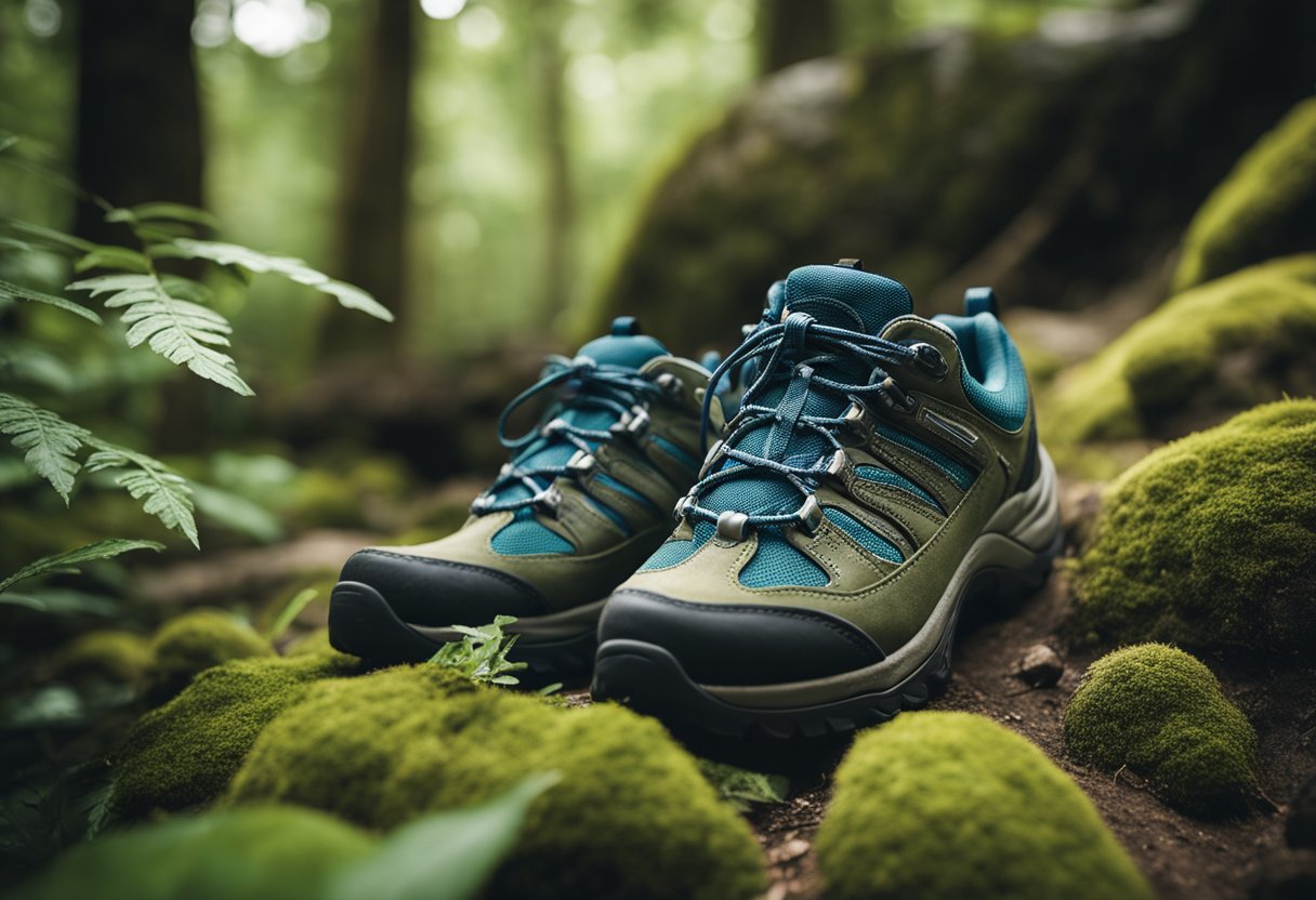 A pair of women's hiking shoes resting on a rocky trail, surrounded by lush greenery and towering trees. The shoes are sturdy and well-worn, showing signs of adventure and exploration