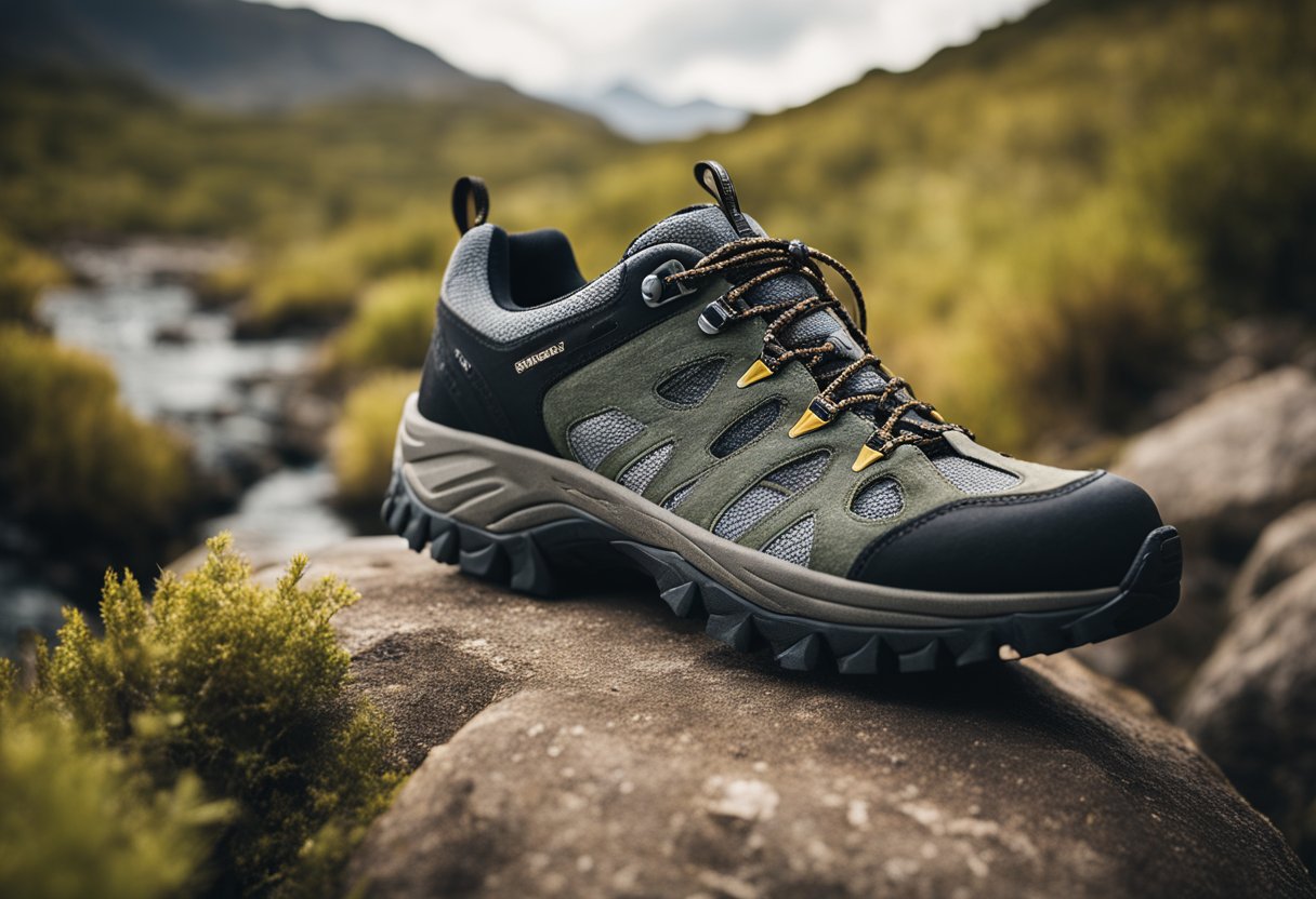 Sturdy hiking shoes on a rugged trail, surrounded by nature and rocky terrain. Icons of comfort, durability, and traction