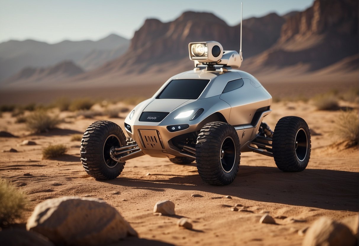 A rover navigates a desert landscape, showcasing its autonomous capabilities. In the background, a futuristic space setting depicts AI companions accompanying astronauts