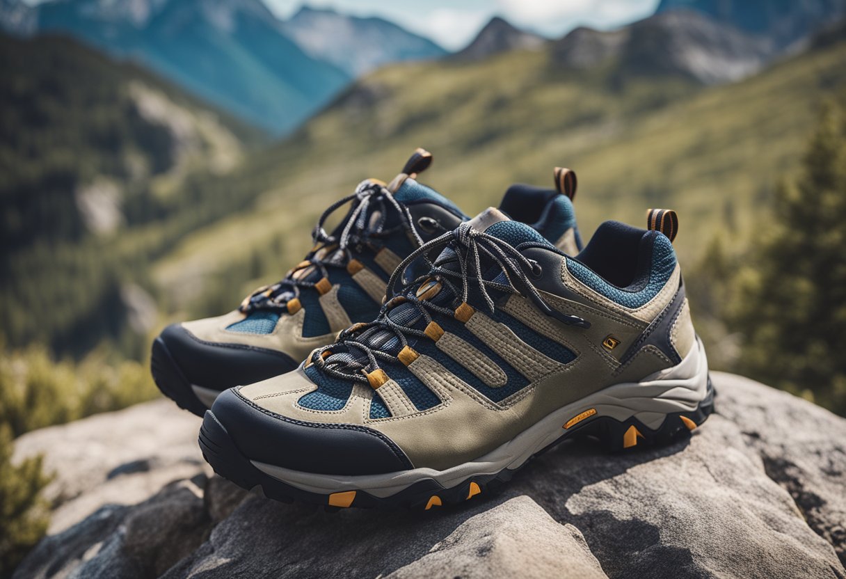 A pair of women's hiking shoes displayed on a rocky trail with mountains in the background