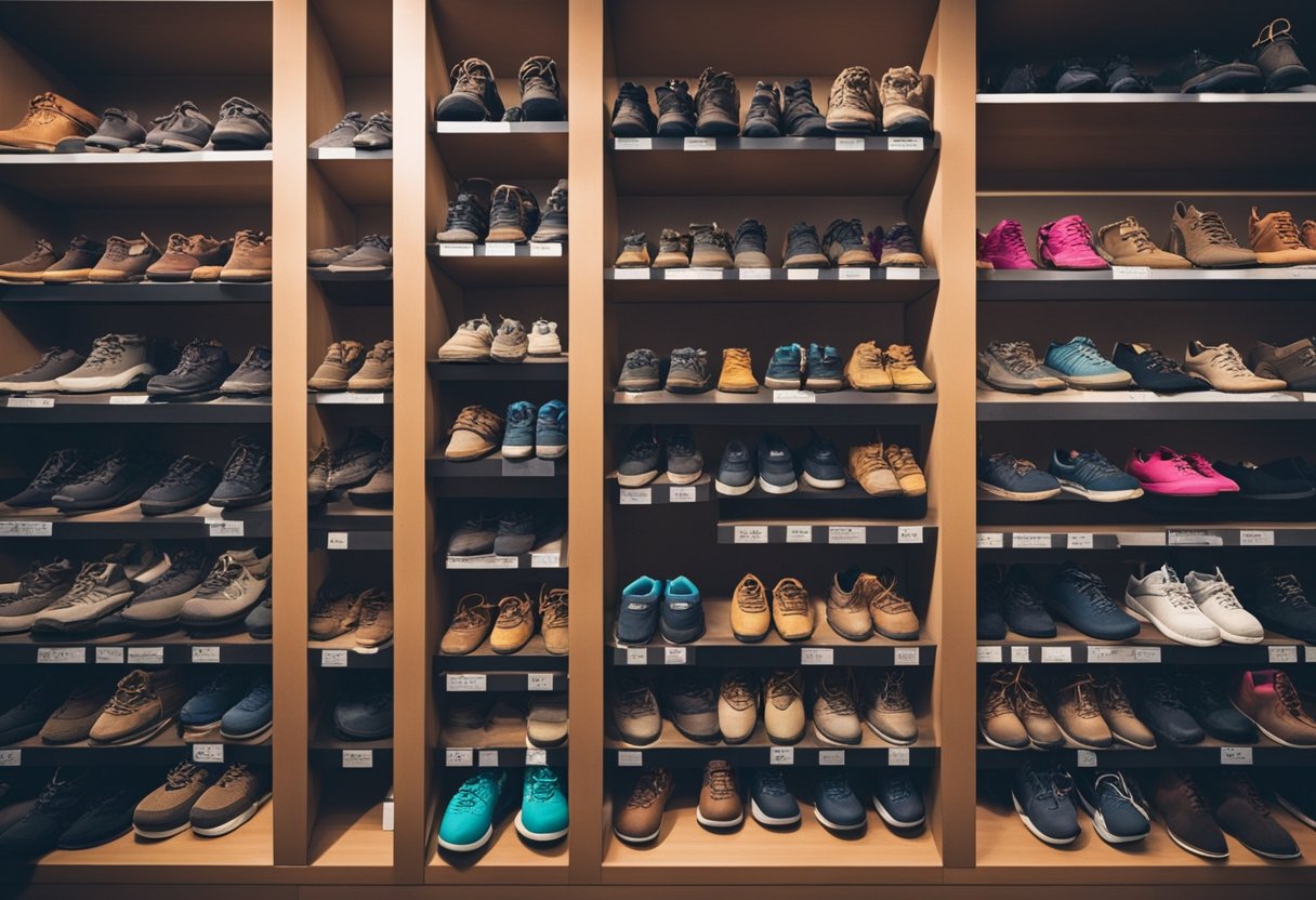 A variety of women's hiking shoes displayed on a store shelf, showcasing different types and styles for various hiking needs