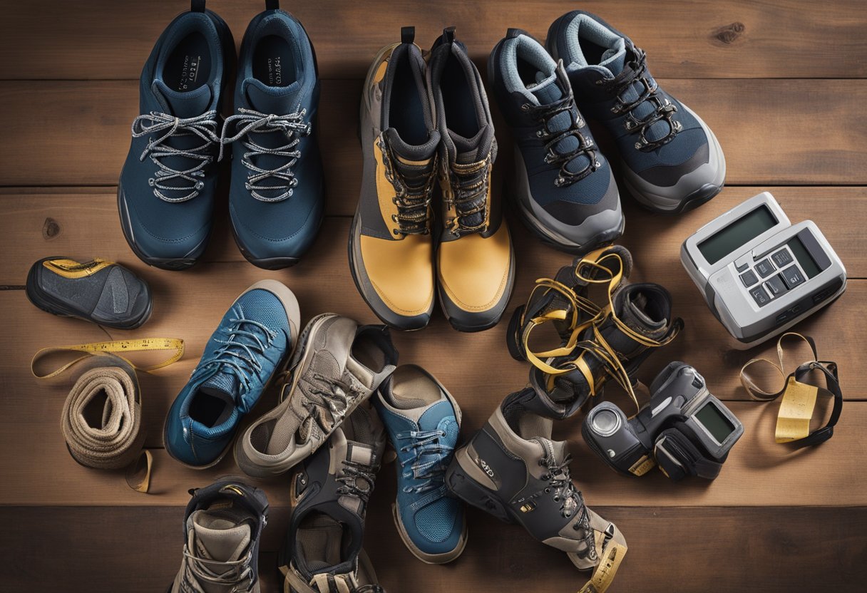 A table with a variety of women's hiking shoes in different sizes, with a sizing chart and measuring tape nearby for reference