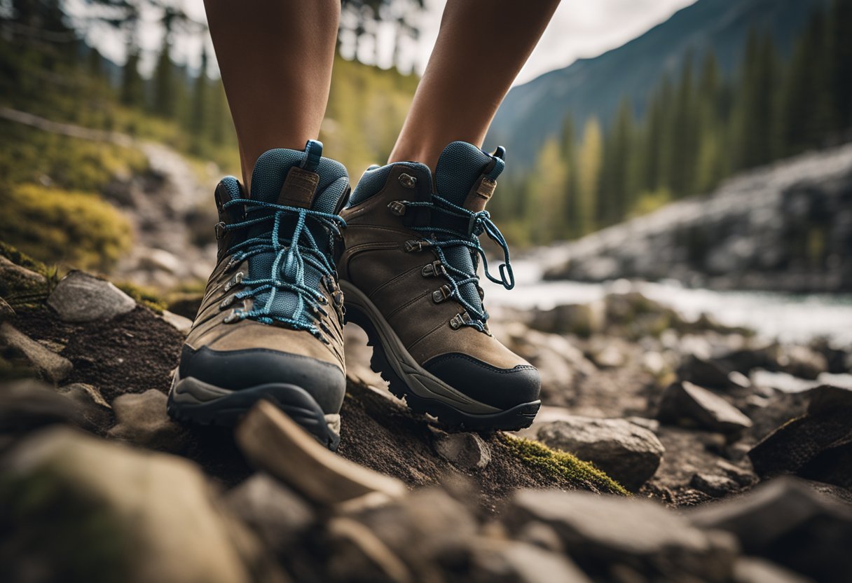 A pair of women's hiking shoes being worn in rugged terrain, with visible signs of wear and tear