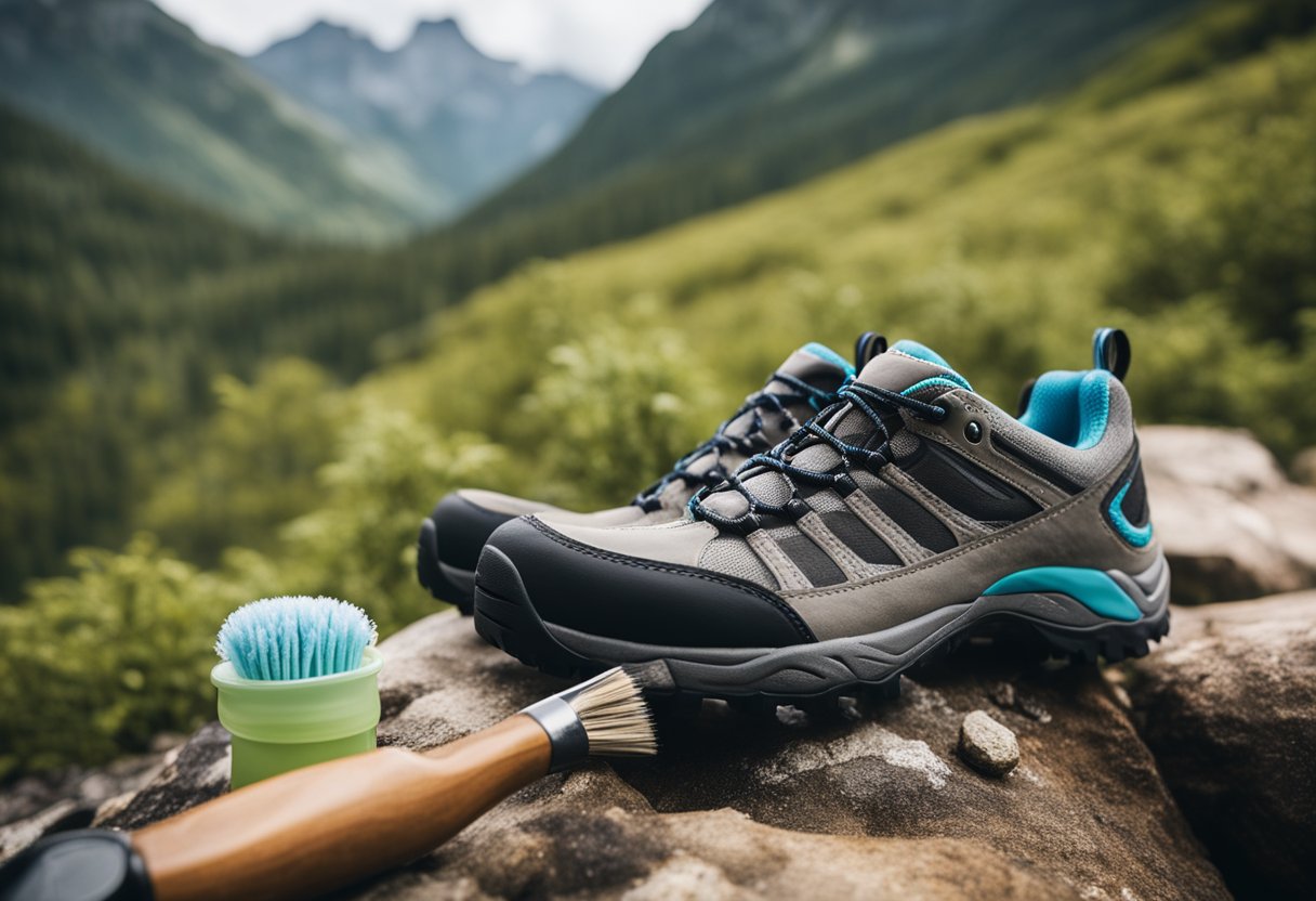 A pair of women's hiking shoes being cleaned and waterproofed with a brush and waterproofing spray, surrounded by outdoor gear and a scenic mountain backdrop