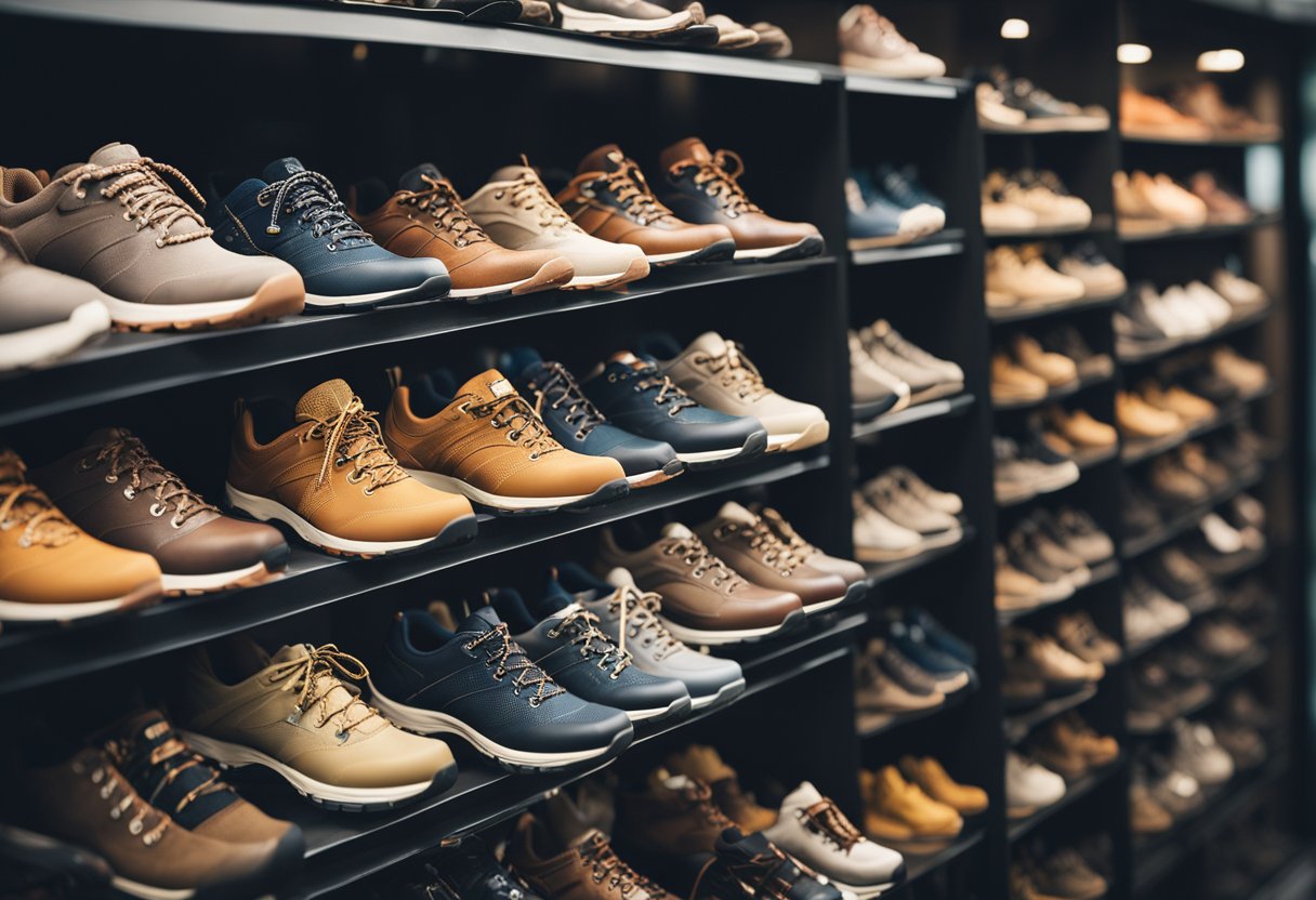 A display of women's hiking shoes with price tags and value indicators