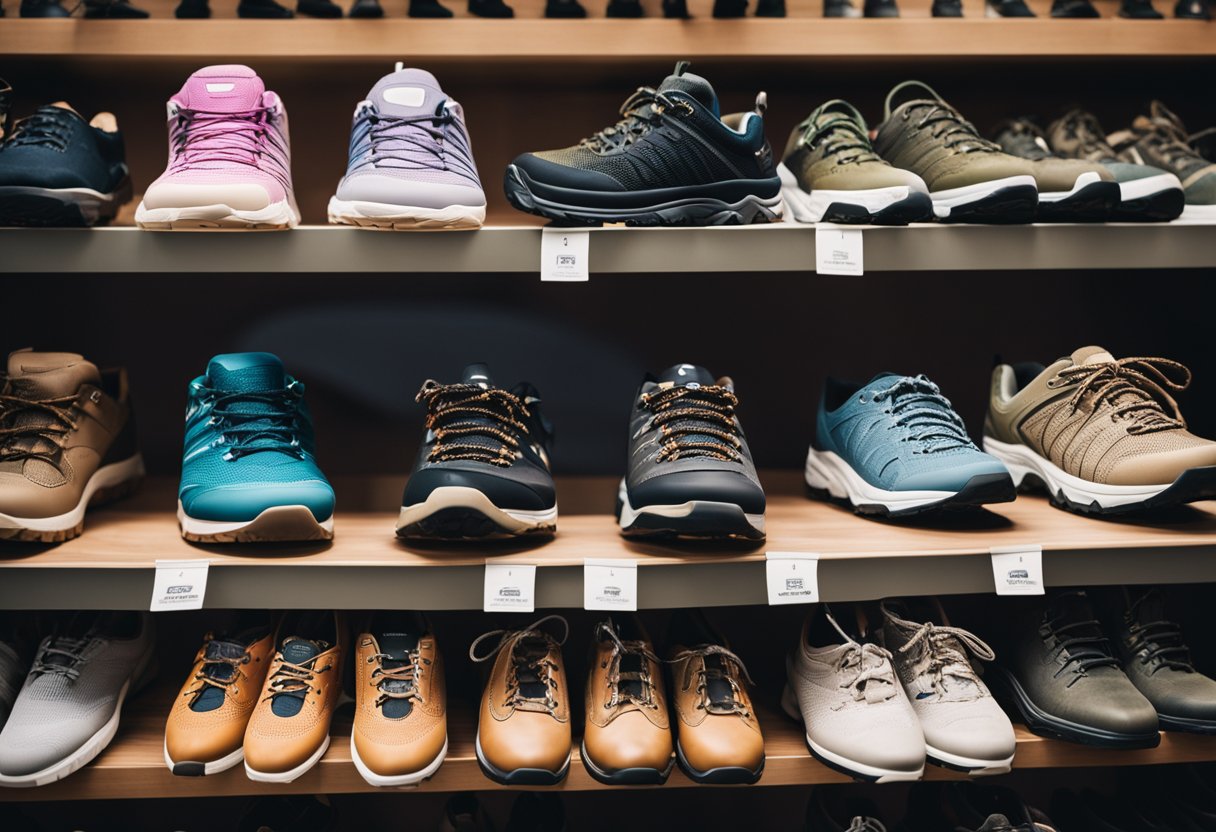 A display of women's hiking shoes on a store shelf, with various brands and styles showcased