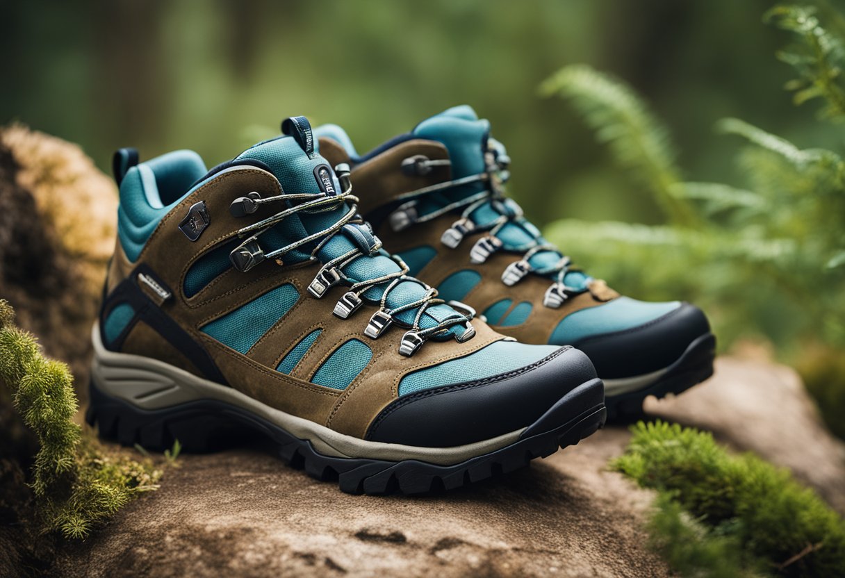 A pair of sturdy hiking shoes surrounded by nature and outdoor gear, with a sign reading "Frequently Asked Questions: best women's hiking shoes."