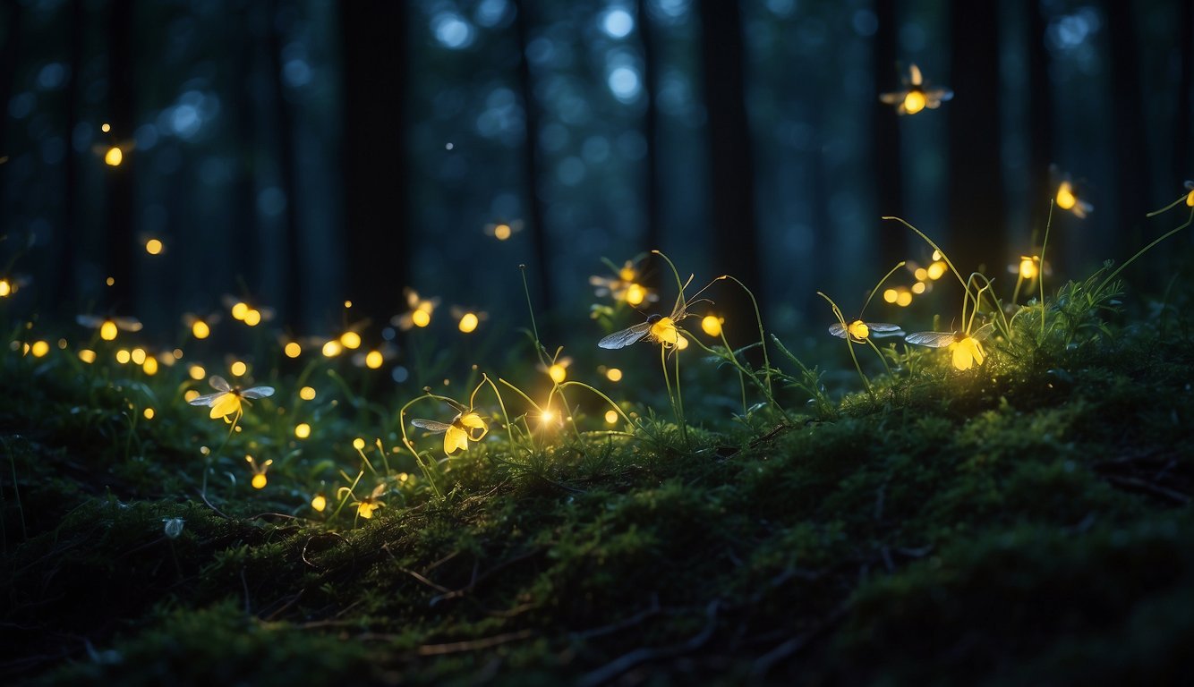 A dark forest comes alive as fireflies illuminate the night with their mesmerizing glow, creating a magical and enchanting scene