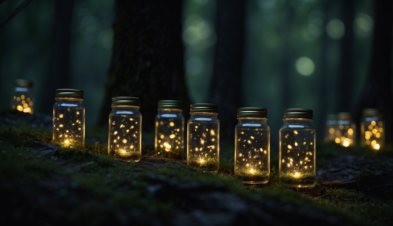 A group of fireflies illuminating a dark forest, showcasing their magical glow for conservation and research purposes