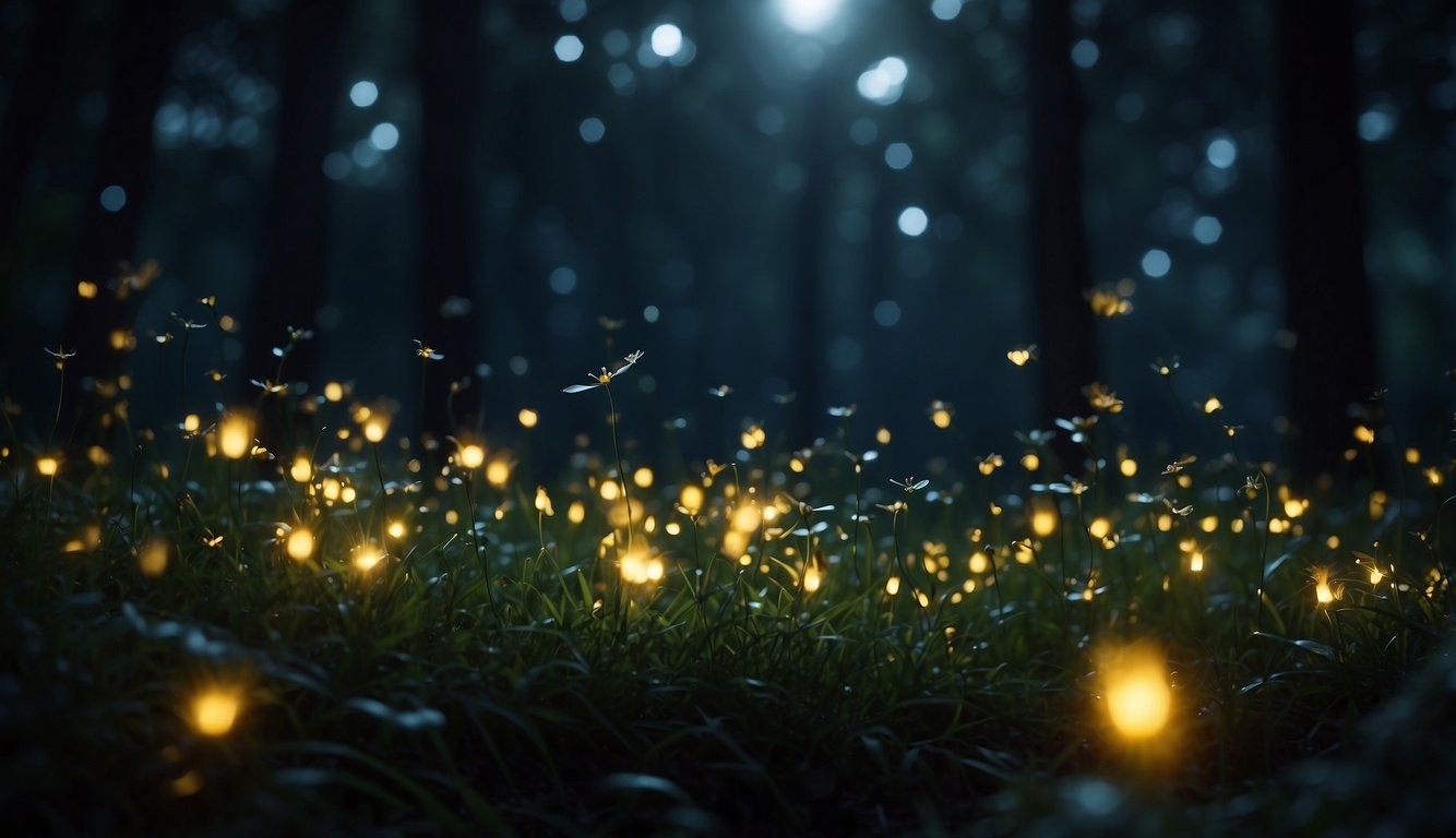 A dark, tranquil night with fireflies glowing in the air, their soft light illuminating the surroundings and creating a magical, enchanting atmosphere