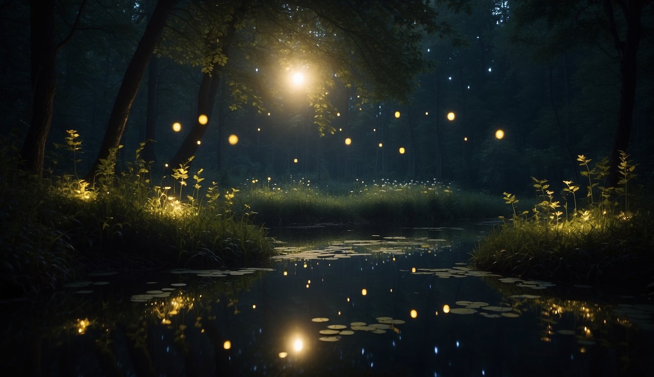 A dark forest at night, with fireflies glowing around a small pond.

The glow is bright and mesmerizing, creating a magical and enchanting atmosphere
