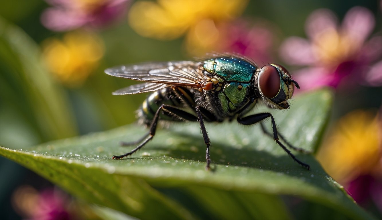 A fly perched on a leaf, surrounded by colorful flowers and intricate patterns of light reflecting off its compound eyes