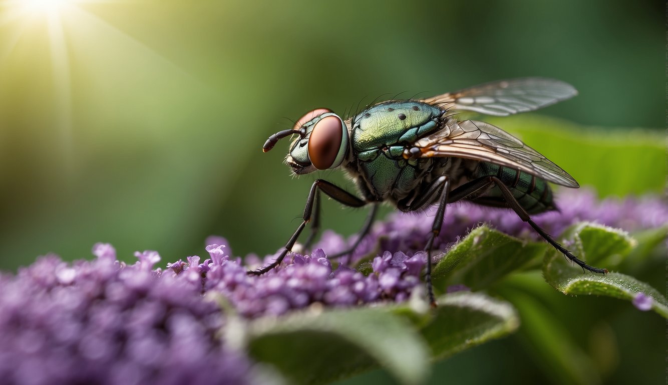 A fly perched on a leaf, with intricate compound eyes focused on a colorful, fragmented world of plants and insects