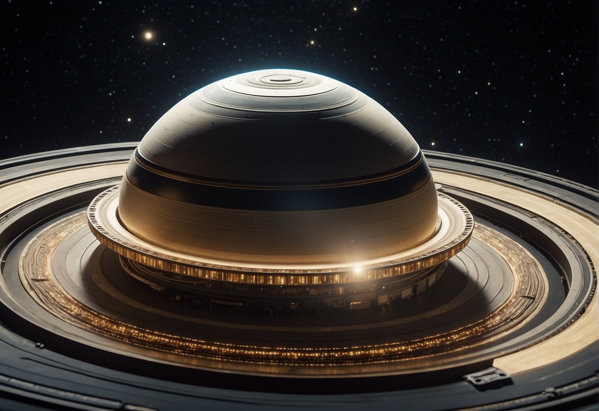 A spacecraft orbits Saturn, surrounded by its iconic rings. Movie posters and film reels float in the background, showcasing the planet's influence on cinema