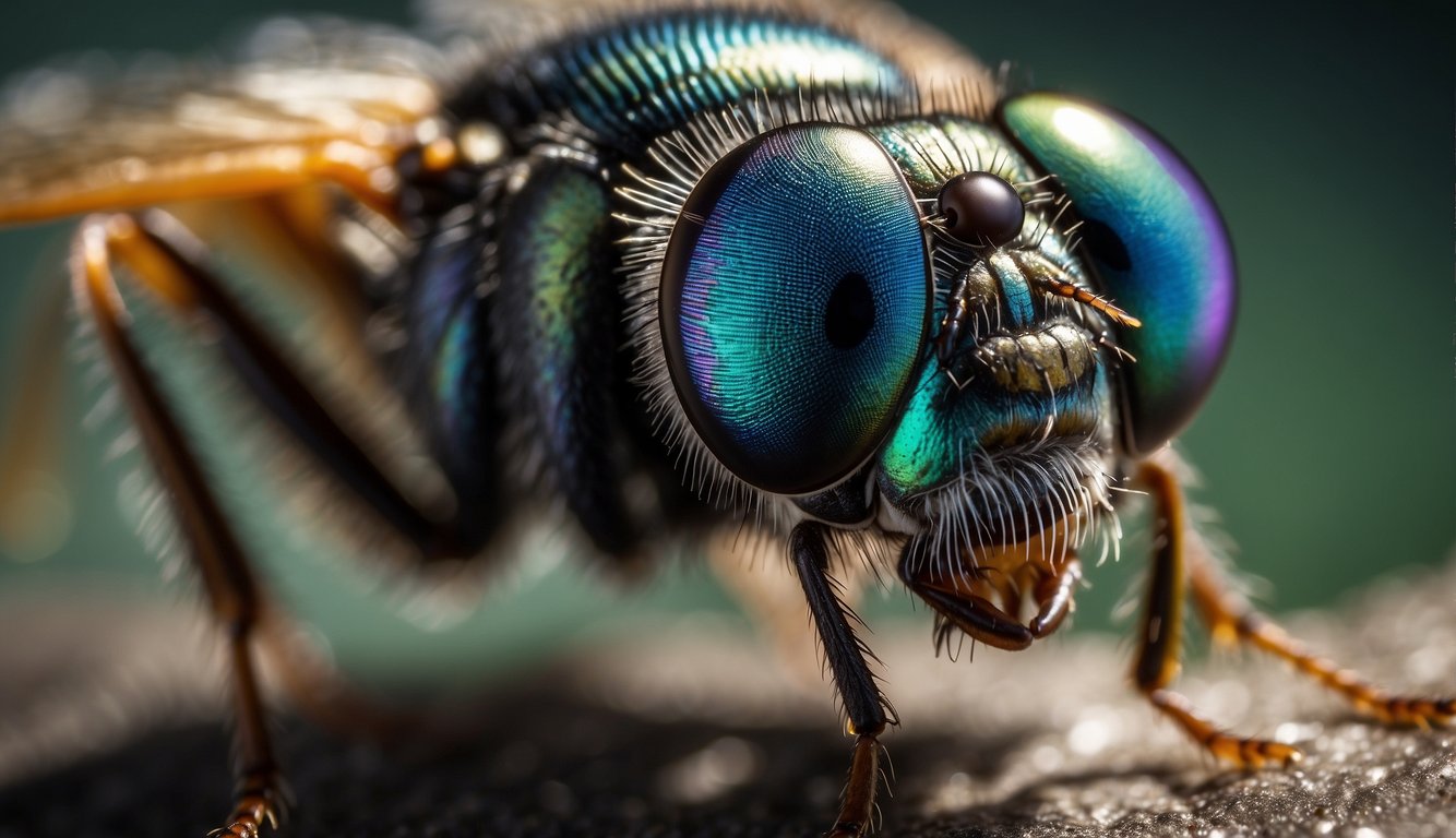A close-up of a fly's compound eye, showing intricate hexagonal facets and iridescent colors, with technology-inspired imagery reflected in each facet