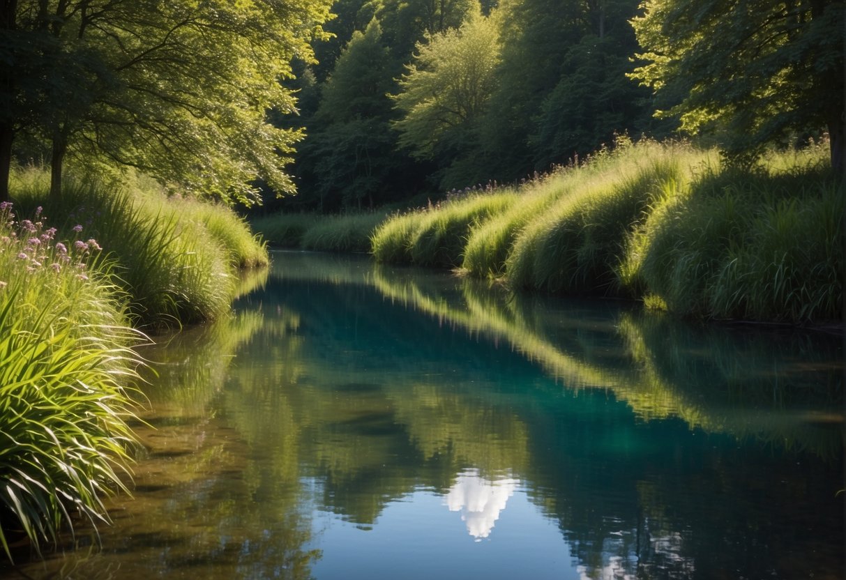 Crystal-clear rivers flow through lush green landscapes in the UK, reflecting the vibrant blue skies above. The water is pure and inviting, perfect for swimming and enjoying nature