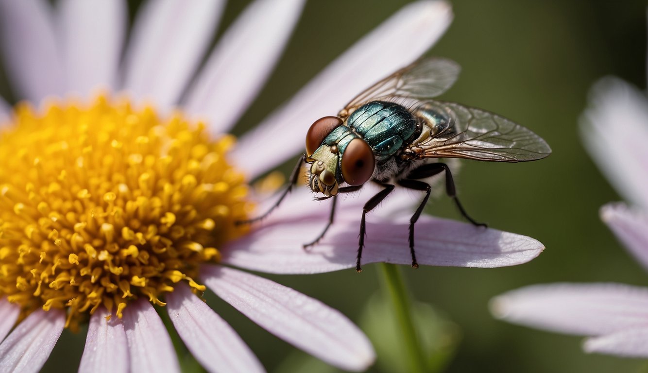 A fly hovers near a flower, its compound eyes capturing the intricate details of the petals and the surrounding environment