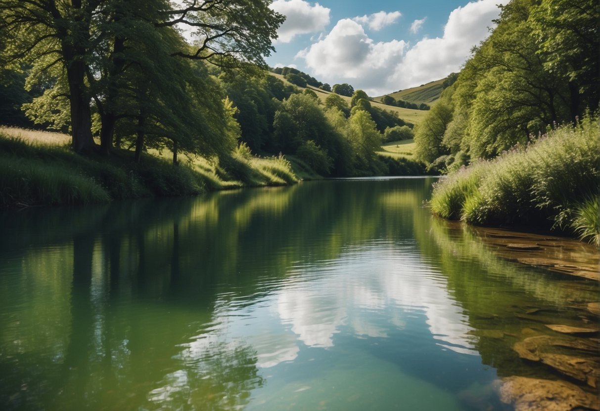 Crystal clear rivers flowing through lush green valleys, and serene lakes surrounded by picturesque countryside in the UK