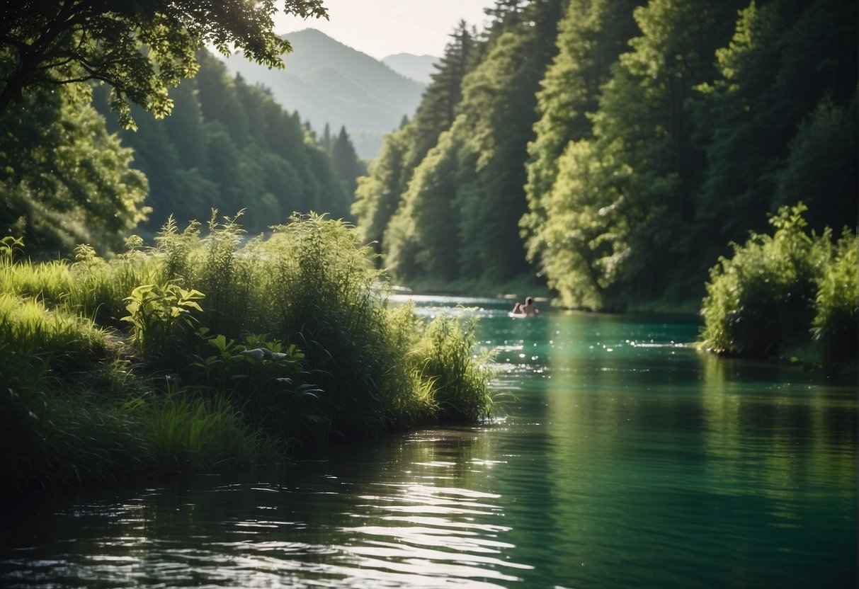 Clear rivers flow through lush green countryside, with swimmers enjoying the pristine waters. Lakes shimmer in the sunlight, surrounded by peaceful natural beauty