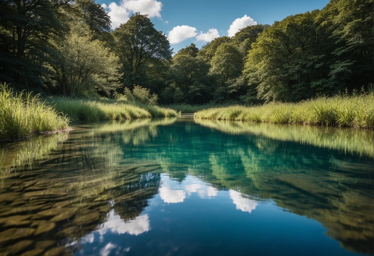 Crystal clear water flows through lush green banks, reflecting the vibrant blue sky above. Wildlife thrives in the pristine environment, showcasing the UK's commitment to environmental impact and preservation