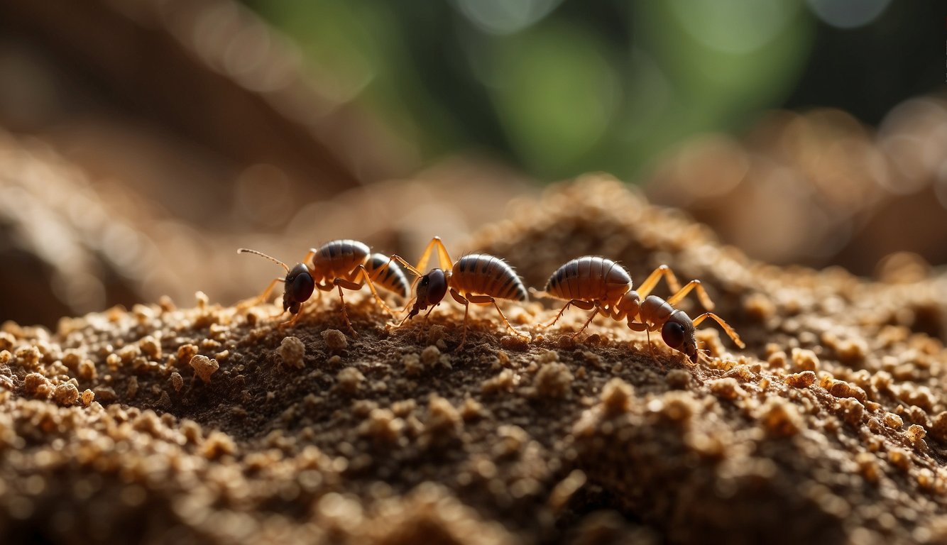 Termites construct intricate tunnels and mounds, bustling with activity.

Wood fragments are carried and assembled with precision, creating impressive structures