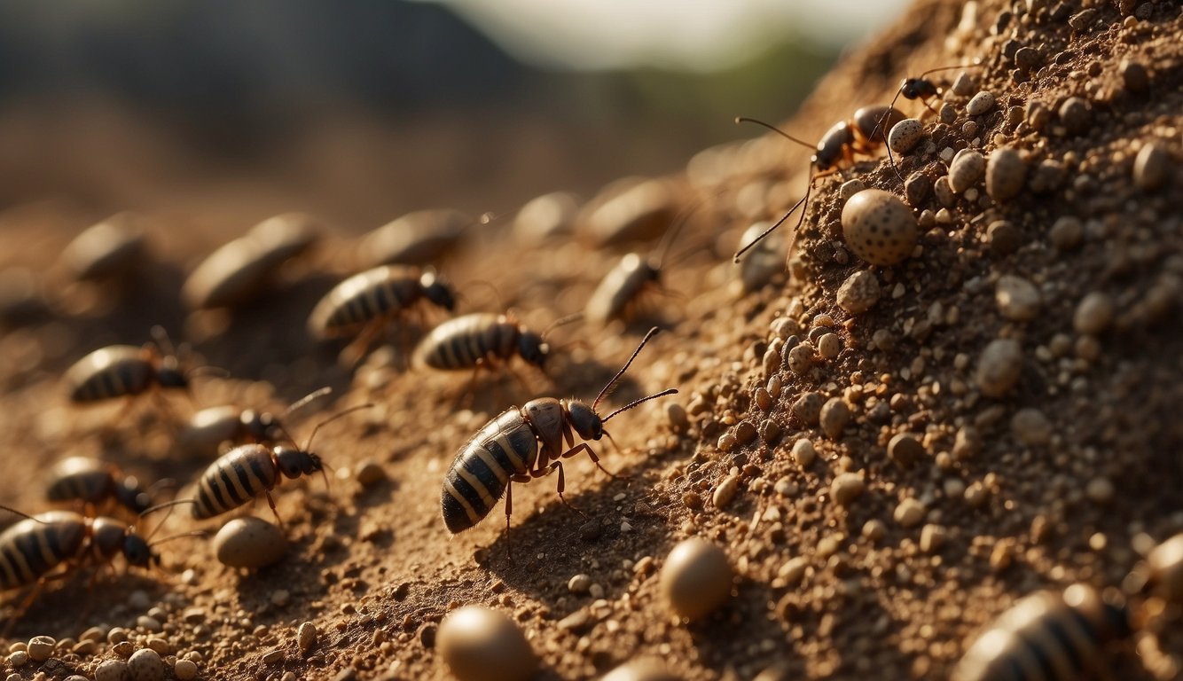 A bustling termite colony, with intricate tunnels and chambers, surrounded by towering mounds of earth.

Busy workers scurry about, tending to the queen and her eggs, while soldiers stand guard at the entrances