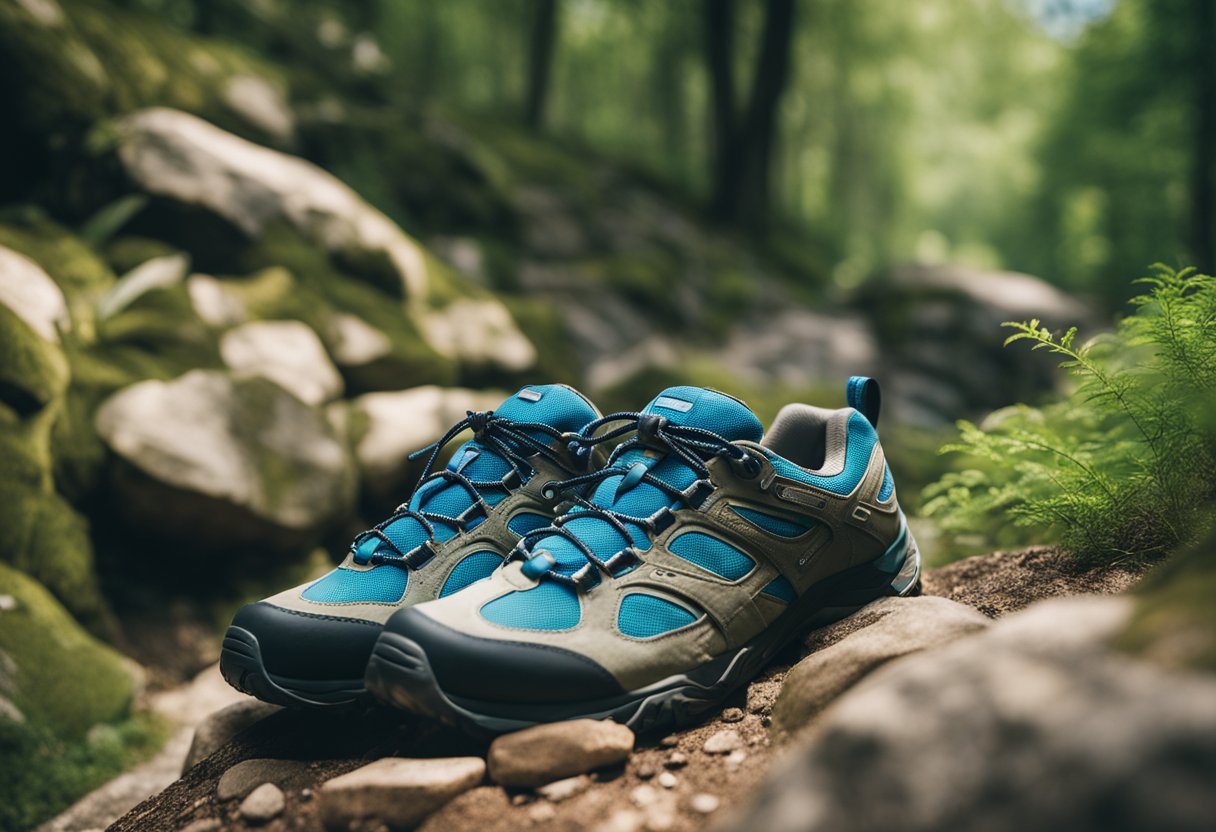 A woman's pair of Merrell hiking shoes placed on a rocky trail, surrounded by lush green trees and a clear blue sky