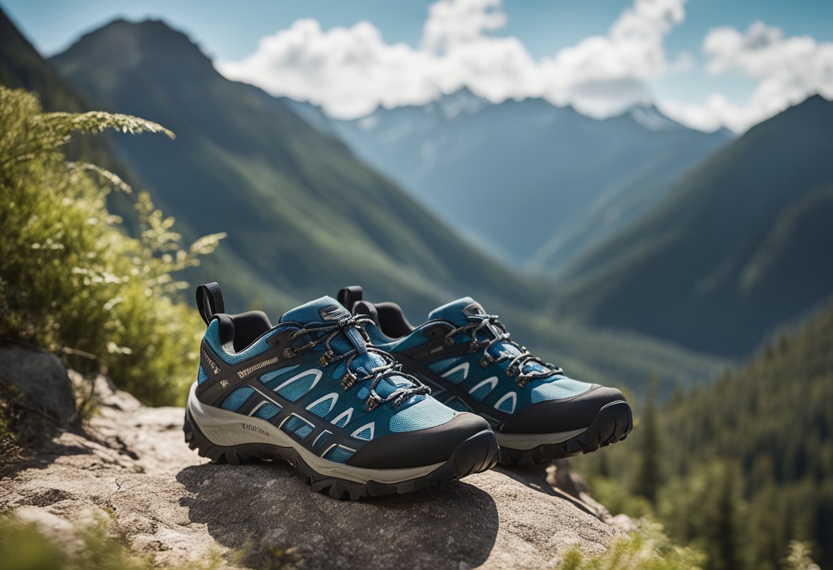 A pair of Merrell hiking shoes for women, surrounded by rugged terrain and lush greenery, with a backdrop of mountains and a clear blue sky