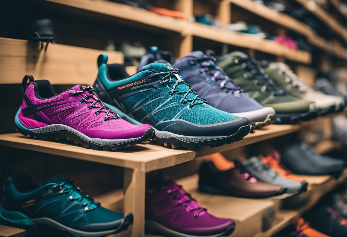 A variety of Merrell hiking shoes for women are displayed on a shelf, showcasing different styles, colors, and designs