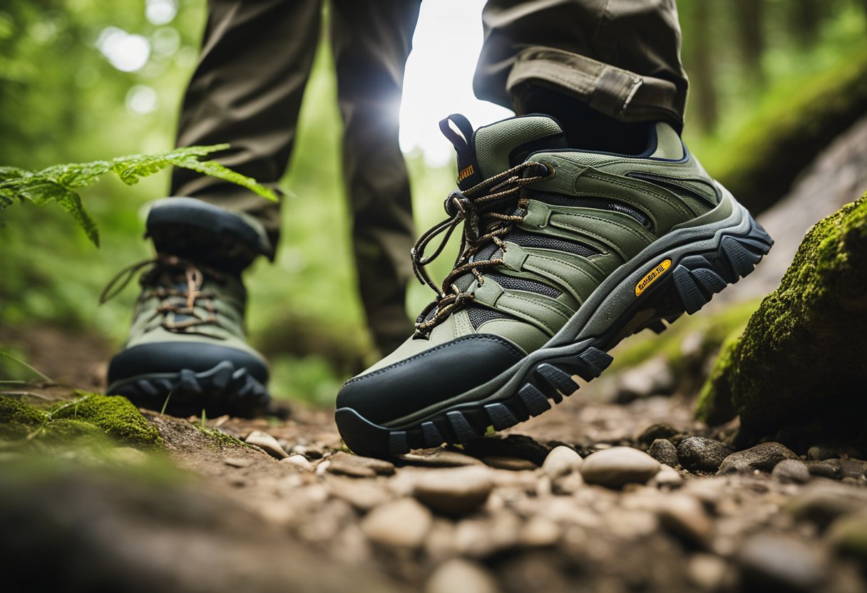 A pair of Merrell hiking shoes sits atop a rocky trail, surrounded by lush greenery and towering trees. The shoes showcase durable construction and a rugged tread, perfect for tackling challenging terrain