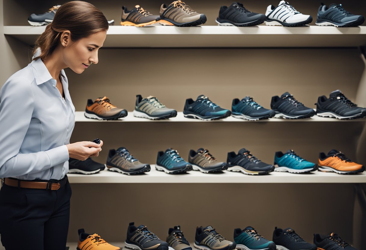 A woman carefully examines a variety of Merrell hiking shoes, comparing their features and fit. She holds a shoe in each hand, evaluating the comfort and support of each pair