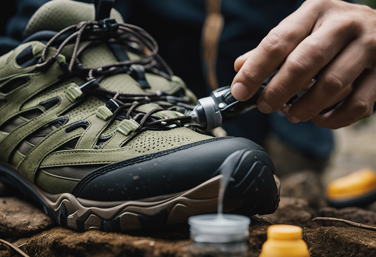 Merrell hiking shoes being cleaned and brushed, laces being tightened, and waterproofing spray being applied to the shoes