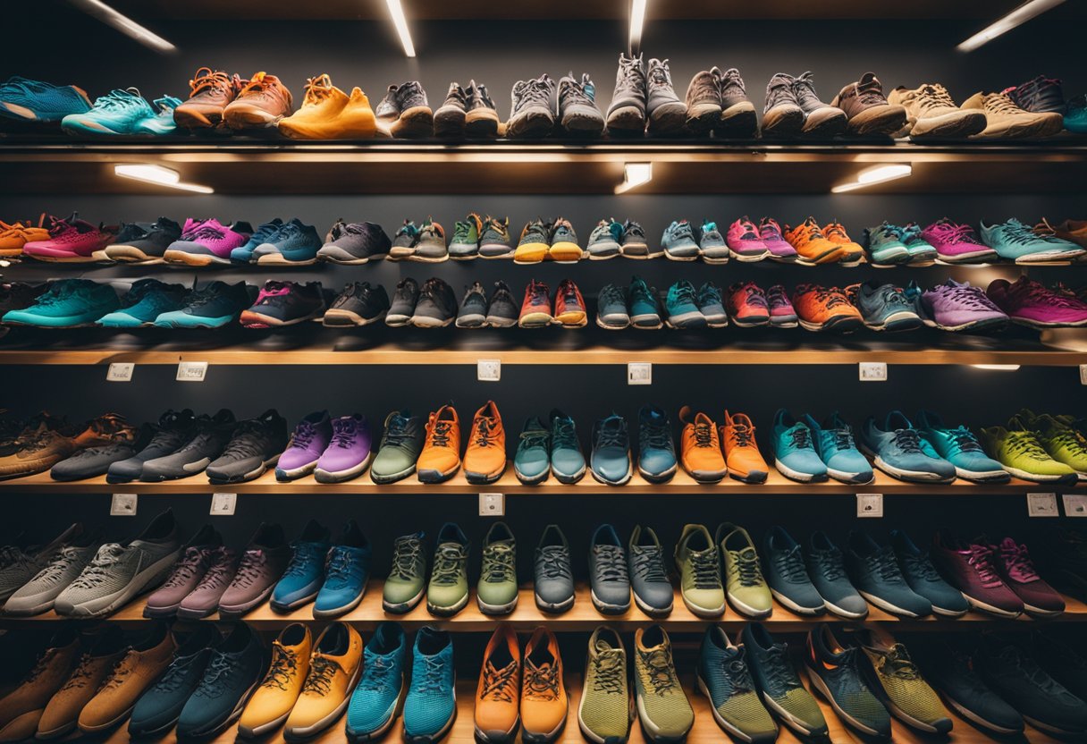 A variety of Merrell hiking shoes for women displayed on shelves with vibrant colors and durable materials