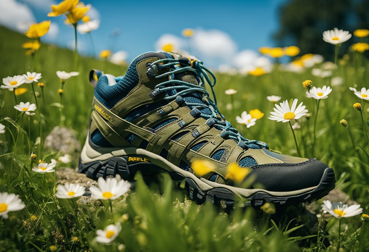 A pair of Merrell hiking shoes for women placed on a bed of lush green grass, surrounded by blooming wildflowers and a flowing stream, with a clear blue sky overhead