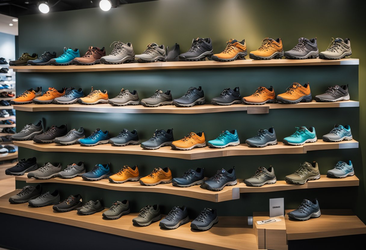 A display of Merrell hiking shoes for women in a well-lit outdoor gear store, with various styles and sizes neatly arranged on shelves