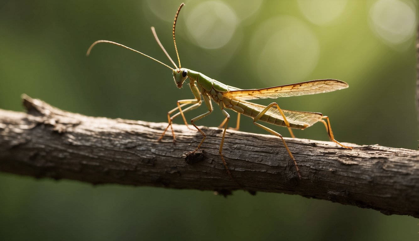 Insects blend into their surroundings: a stick insect on a branch, a moth on tree bark, and a grasshopper in tall grass