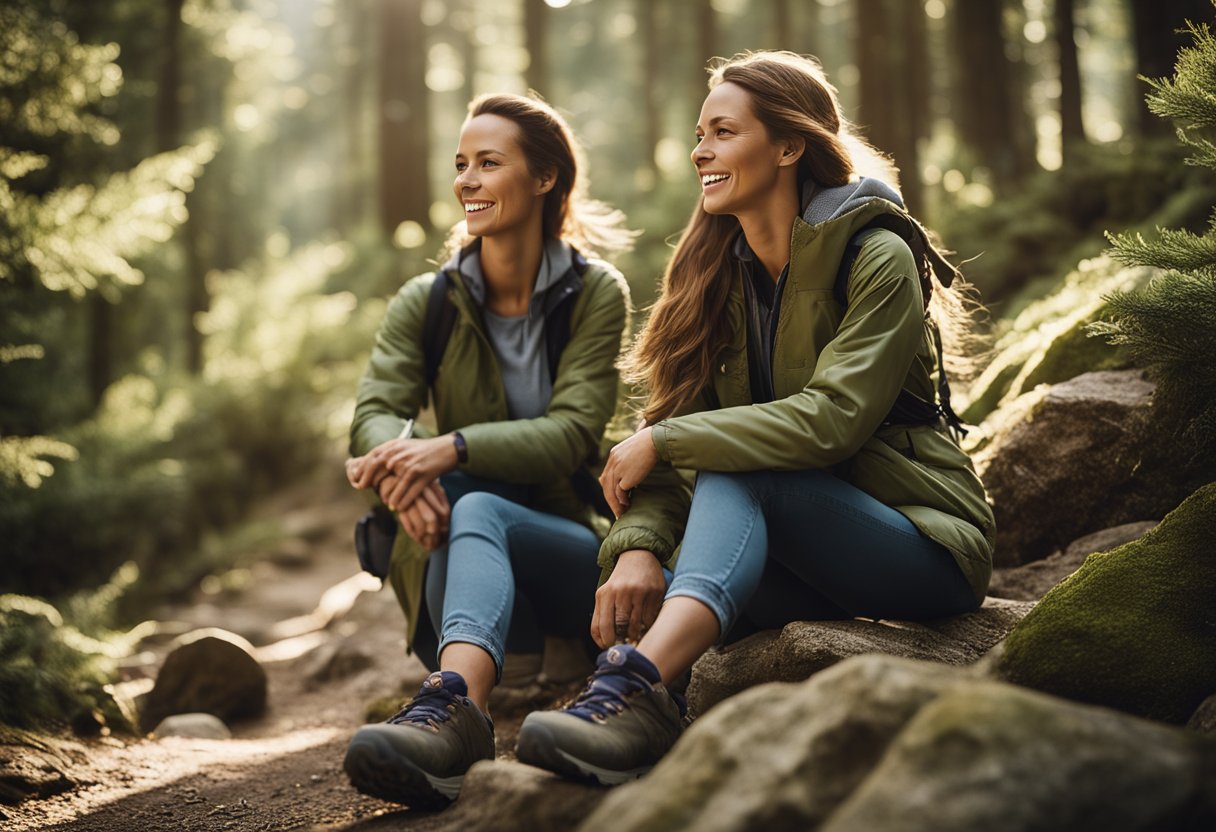 Happy women in Merrell hiking shoes, exploring rugged trails, with satisfied smiles and glowing testimonials in the background