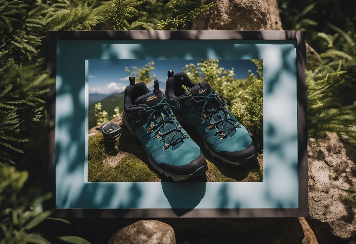 A woman's hiking shoes surrounded by nature and outdoor gear, with a sign reading "Frequently Asked Questions merrell hiking shoes women."