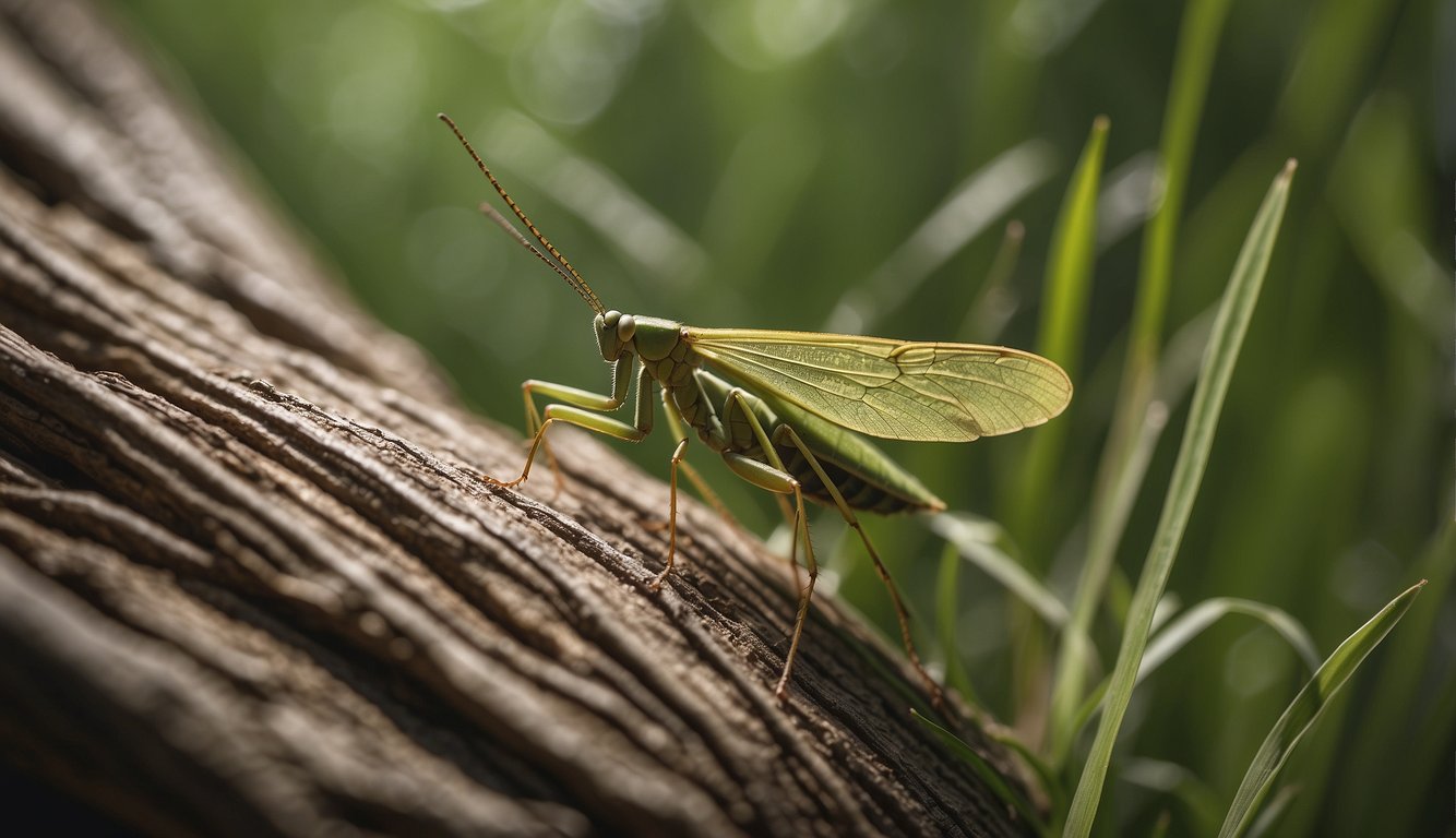 Insects blend into their surroundings: a stick insect on a branch, a moth on tree bark, and a grasshopper in tall grass