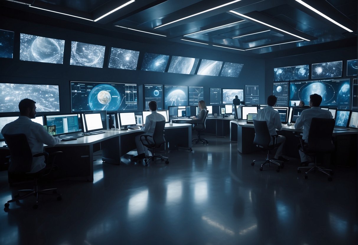 A group of scientists and researchers collaborate in a futuristic lab, surrounded by screens displaying images of Europa and Enceladus. The room is filled with advanced technology and equipment, as the team works together on astrobiology research