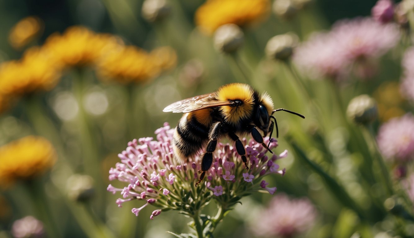 Bumblebees buzz around colorful flowers, collecting pollen and transferring it from blossom to blossom, aiding in the growth of fruits and vegetables
