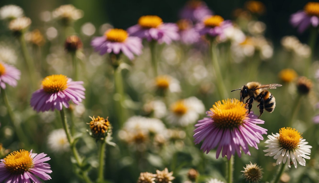 A colorful garden filled with vibrant flowers, buzzing with bumblebees collecting nectar and pollen.

A variety of native plants provide food and shelter for the fuzzy pollinators