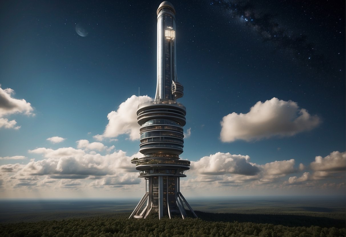 A space elevator extends from Earth to a distant space station, with cables stretching into the starry sky and a futuristic transport pod gliding along its length