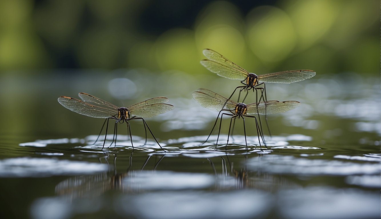 Water striders effortlessly glide across the water's surface, their long legs creating mesmerizing ripples as they move with nature's own magic